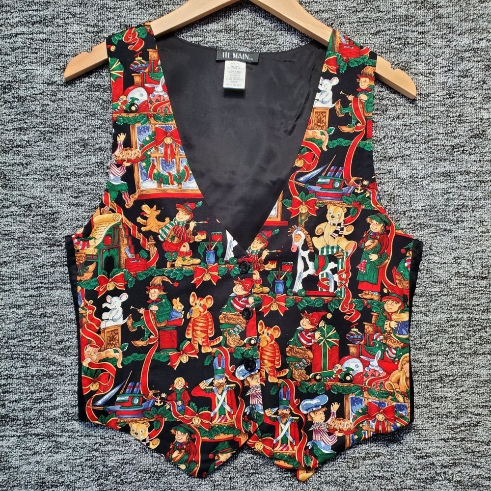 VTG 111 Main Christmas Novelty Vest Womens M Black Santas Workshop Elves Toys